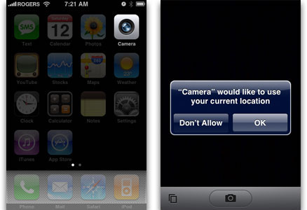 iPhone OS 2 Camera app asking for location consent (2008)